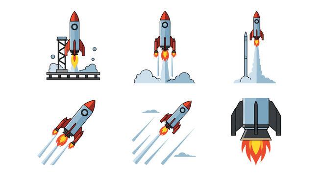 Pixel Art Rockets Launching and Flying Through Space and Clouds
