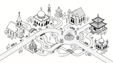 Naklejka premium Isometric illustration of a diverse town square featuring multiple religious buildings like a church, mosque, temple, and pagoda, connected by roads and paths, symbolizing interfaith harmony.