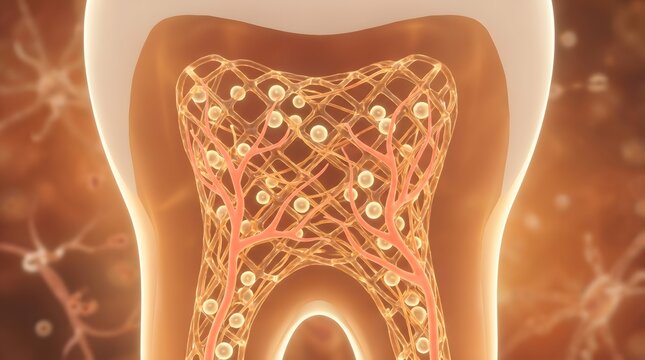 Internal molar tooth anatomy showing glowing neural network and nerve fiber pattern
