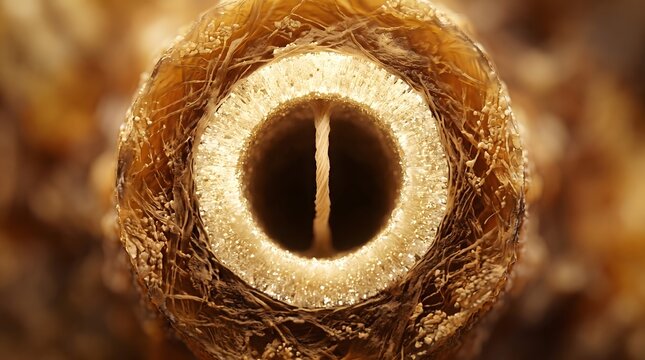 Macro view of dental root tip cross section showing central canal and fiber