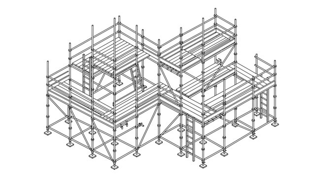 Detailed isometric drawing of a multi-level construction scaffolding system.