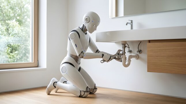 Robot plumber fixing pipes under a sink in a modern bathroom android humanoid