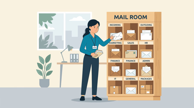 Woman working in a mail room sorting letters and packages into a wooden mail sorter