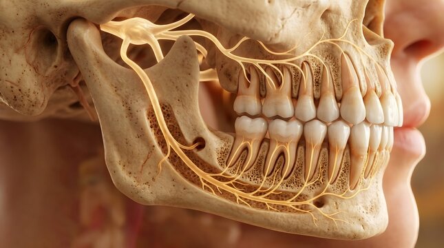 Human jaw cross section showing tooth root nerve pathway and molar anatomy in skull