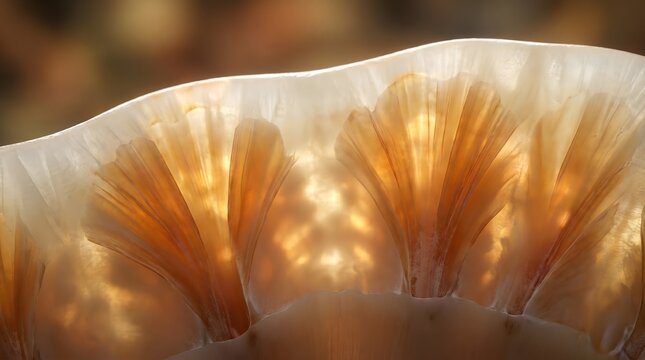 Macro view of tooth pulp fiber fan structure showing golden translucent dentinal tubule pattern