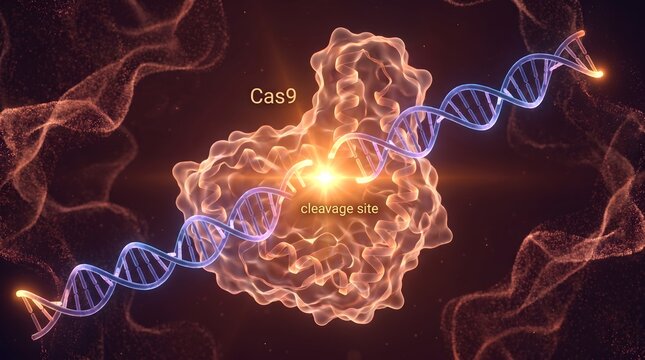 Cas9 protein enzyme with DNA helix strand showing cleavage site gene editing mechanism