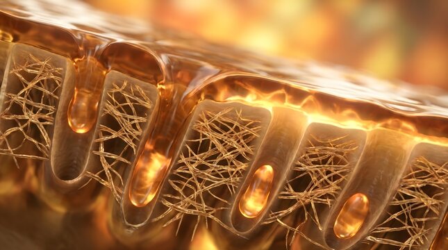 Cross section of biological tissue with golden fiber and tubular cell structure anatomy