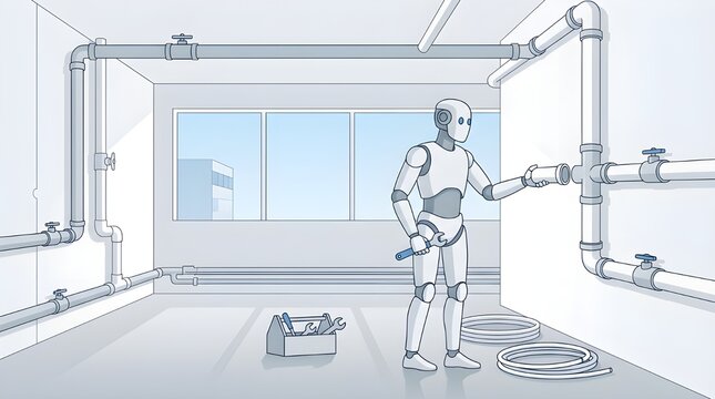 Robot technician installing pipes in a room with tools and coiled tubing plumbing