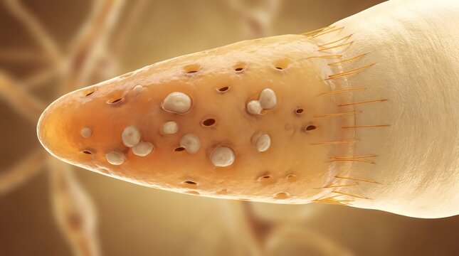 Close up of parasitic worm tip with round nodule and fine bristle hair structure on surface