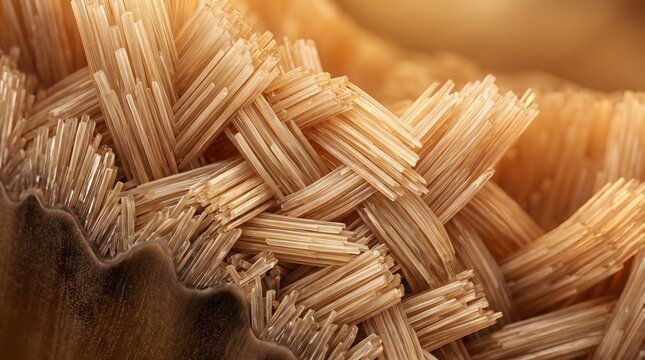 Macro view of densely packed biological fiber bundle with crisscross pattern and warm amber light