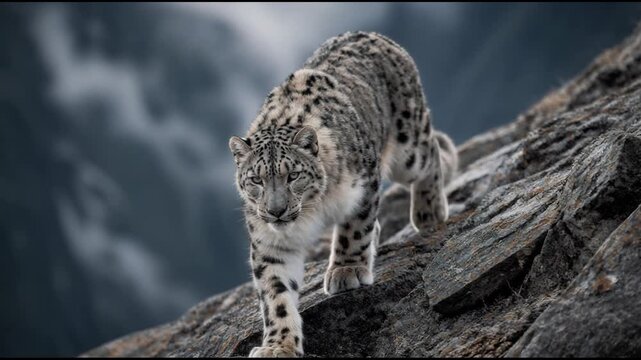 A majestic snow leopard stalks down a jagged rocky mountain slope with its thick fur visible, showcasing the powerful and stealthy movement of this rare predator in its natural alpine habitat.