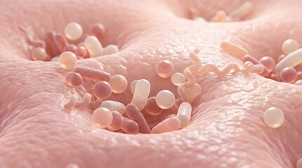 Fototapeta premium Microscopic view of skin microbiome bacteria and spherical cell on pink textured surface