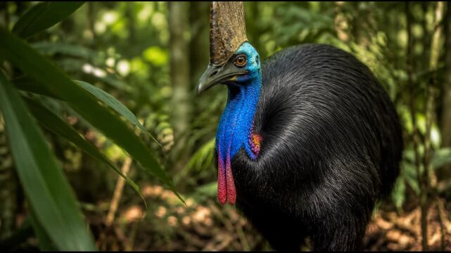 A majestic southern cassowary stands alert in a dense sun dappled rainforest, showing its iridescent black feathers and bright blue neck while roaming through the deep tropical jungle habitat.