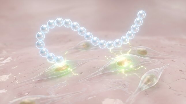 Glowing blue pearl bead chain forming loop above skin cell surface with fibroblast on pink background