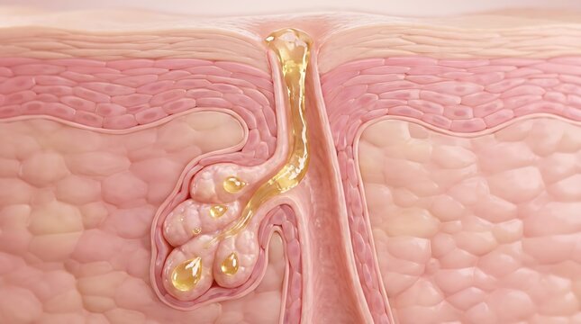 Cross section of skin showing sebaceous gland with yellow oil secretion and hair follicle structure