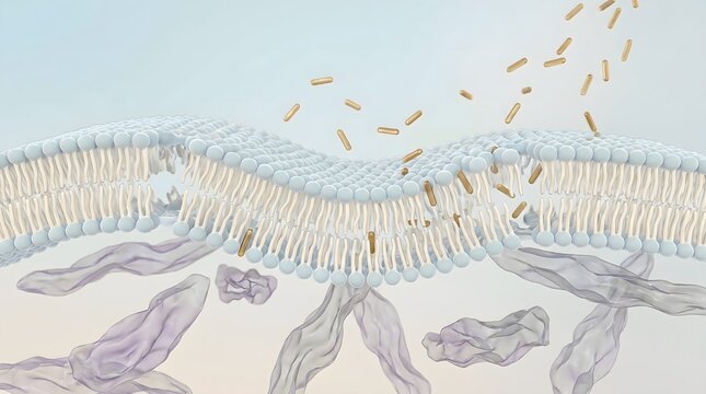 Lipid bilayer membrane with phospholipid and golden molecule passing through on pastel background