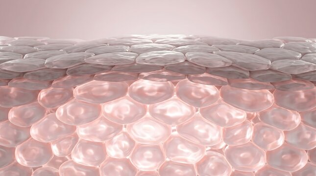 Two layered skin cross section showing gray dead cell layer above pink glowing living cell below