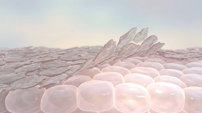 Skin surface showing flaking dead cell lifting away from glowing pink healthy epidermis below