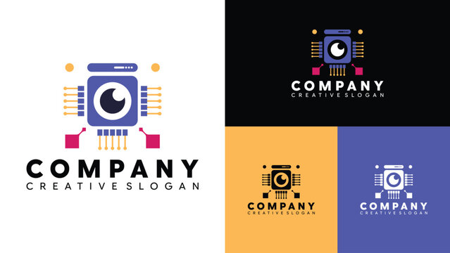 Smart camera lens and microchip processor logo. Artificial intelligence vision, tech surveillance, and digital photography icon