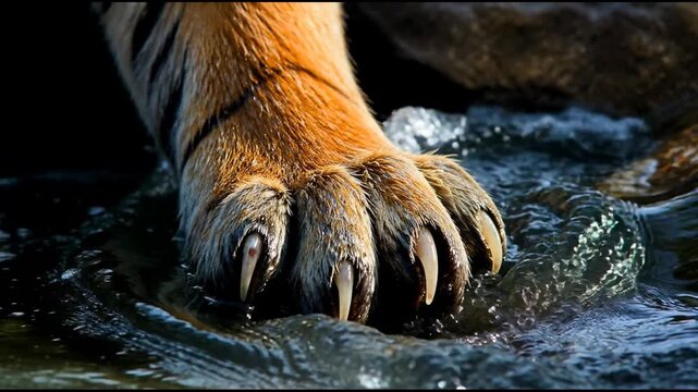 A powerful tiger paw with sharp claws rests firmly in a flowing stream with crystal clear water, capturing the intense detail of a wild predator as the river current ripples around its fur.