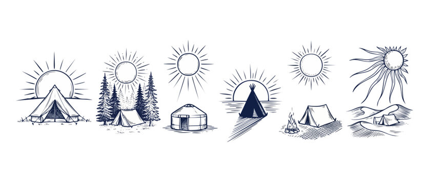 Camping tent line art set with vintage nomad teepee, Mongolian yurt, pine forest, campfire and desert dunes under sun rays. Retro engraved style adventure vector icons on white background.