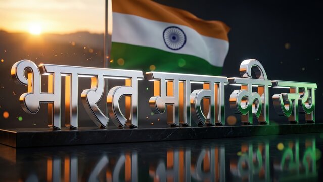 Bharat Mata Ki Jai &ndash; Premium Chrome Hindi Typography with Tricolor Lighting