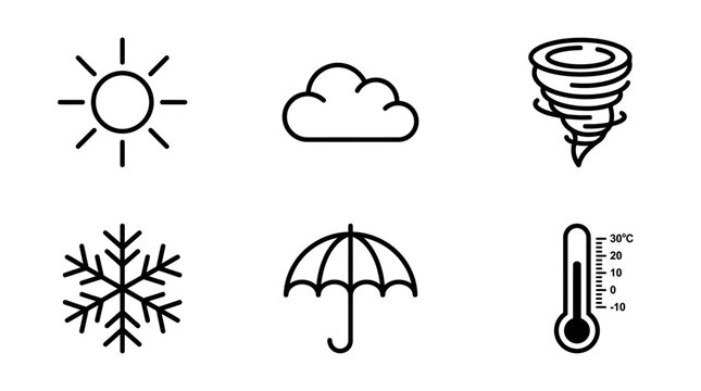 Weather forecast and meteorological condition line icons