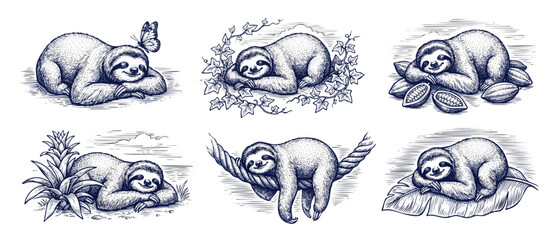 Fototapeta premium Sloth engraving vector illustration set of cute lazy sloths sleeping in hammock and climbing trees. Vintage woodcut style hand drawn sketch clip art elements for tropical forest nature design.