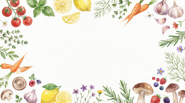 Watercolor food border with tomato, lemon, carrot, garlic, mushroom, herbs, and berries creating fresh and natural frame for text or design