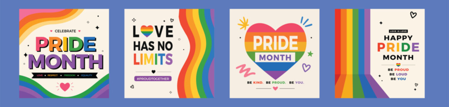 Pride Month Social Media Post Set with Rainbow Colors and Modern Typography 