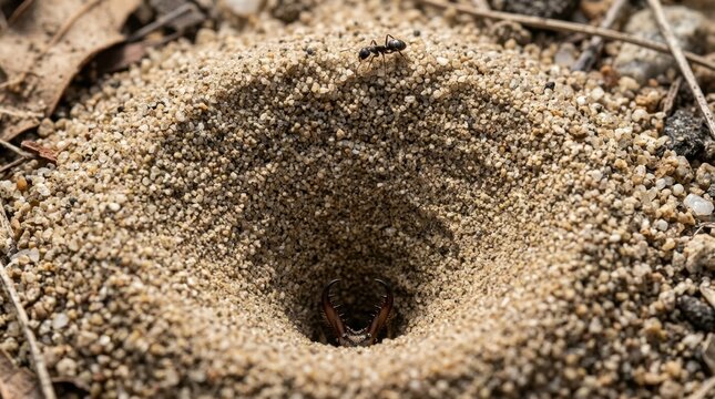 Antlion larva hiding in sandy pit trap with an ant approaching. Predator insect waiting in ambush buried in ground. Macro wildlife photography of nature survival and animal struggle.