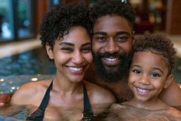 Fototapeta premium Closeup smiling family portrait in a hotel pool with child for wellness and family travel background and banner use