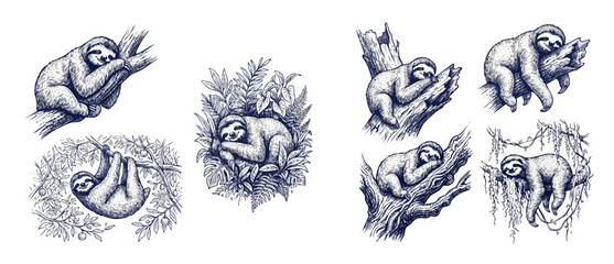 Sloth illustration vintage line art set featuring cute hand drawn sleeping and hanging sloths on tropical jungle tree branches, engraved ink style drawings for wild animal nature design projects. © Dinali