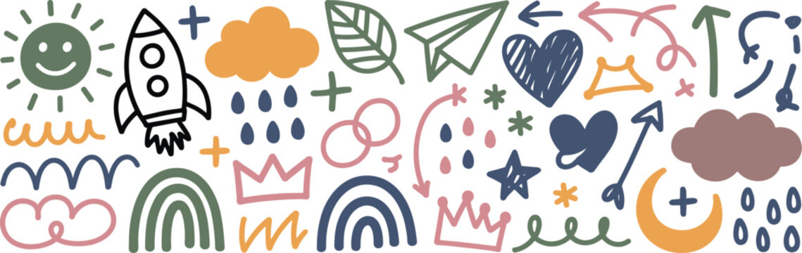 A vibrant collection of hand drawn doodle elements including a smiling sun rocket clouds rain rainbows crowns hearts stars and arrows in a playful pattern