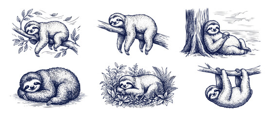 Cute sloth sketch collection hand-drawn elements featuring sloths sleeping, hanging, and resting on tree branches in vintage engraving line art style isolated on white background for creative designs. © Dinali