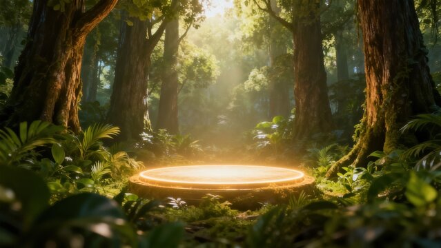 Glowing platform in forest clearing