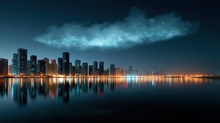 Obraz premium Panoramic skyline at night with glowing digital cloud above coastal city for futuristic background and banner design