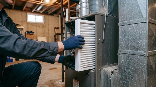 HVAC technician replacing dirty air filter in furnace. Man performing routine maintenance on home heating and cooling system