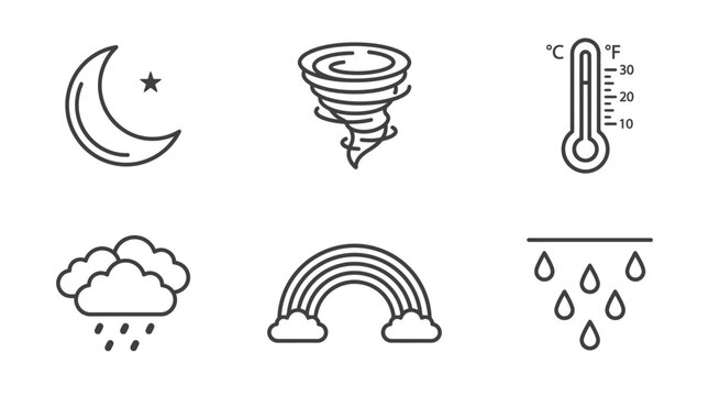 Weather forecast and climate phenomena outline icon set.