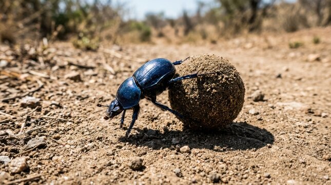Dung beetle rolling a ball of waste across dry ground in the wild savanna. Nature wildlife photography of a blue insect insect activity, survival, and ecology in natural habitat.