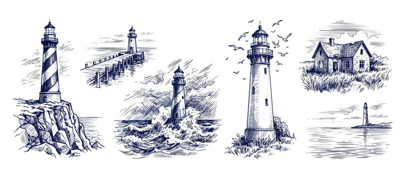 Lighthouse vintage sketch set with nautical coastal engraving illustrations featuring stormy sea waves, ocean pier, marine searchlight tower, and rustic cottage. Retro seafaring design clip art.