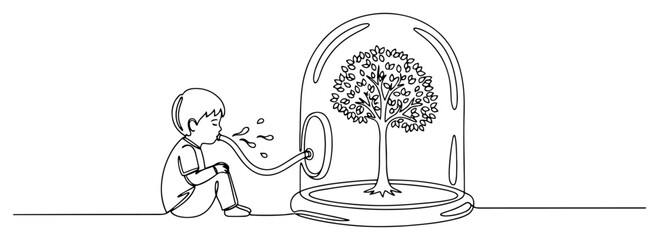 Child breathing oxygen through a tube connected to a small tree inside a glass dome in continuous line art style © InsomniaVideo