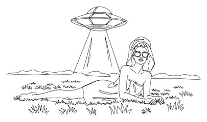 Woman lying on ground under glowing UFO light beam in minimalist landscape line art style © InsomniaVideo