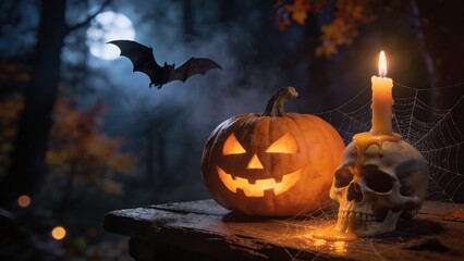 Obraz premium Spooky Halloween night with carved pumpkin, skull, and flying bat