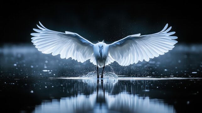 Majestic white heron landing in water, wings spread