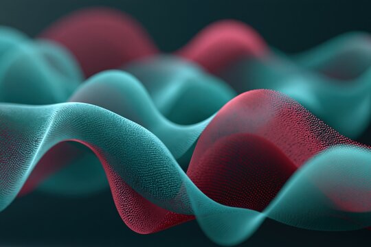 Textured mesh wave background with teal and coral red flowing ribbons for modern poster and wallpaper design with depth and particle detail
