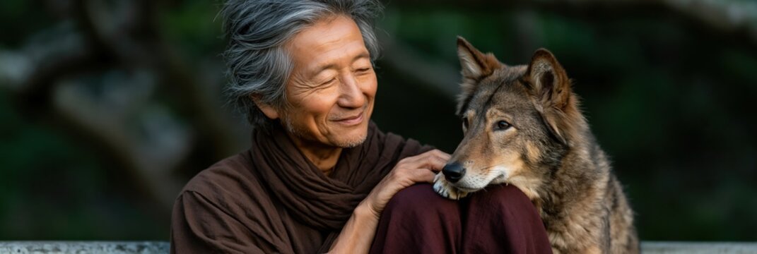 Serene elderly man with a wolf companion portrait for outdoor background and animal bonding design