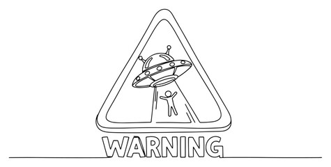 Warning sign with UFO abducting person in continuous line art style © InsomniaVideo