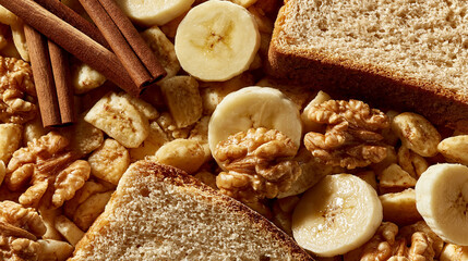 Naklejka premium Breakfast Medley: A delicious assortment of whole grain bread, ripe banana slices, crunchy walnuts, and fragrant cinnamon sticks, creating a perfect and healthy breakfast spread.