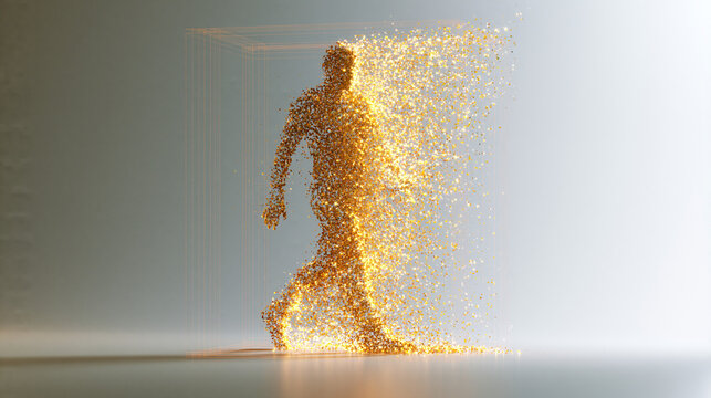 The Dissipating Man: A human figure composed of glittering golden particles, walking forward and gradually dissolving into the atmosphere, symbolizing transformation and ephemeral existence.